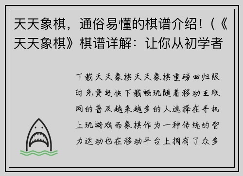 天天象棋，通俗易懂的棋谱介绍！(《天天象棋》棋谱详解：让你从初学者变成高手！)